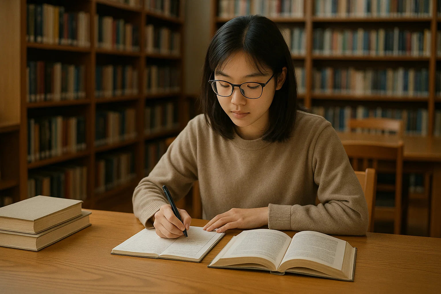 一位学生在图书馆温习资料