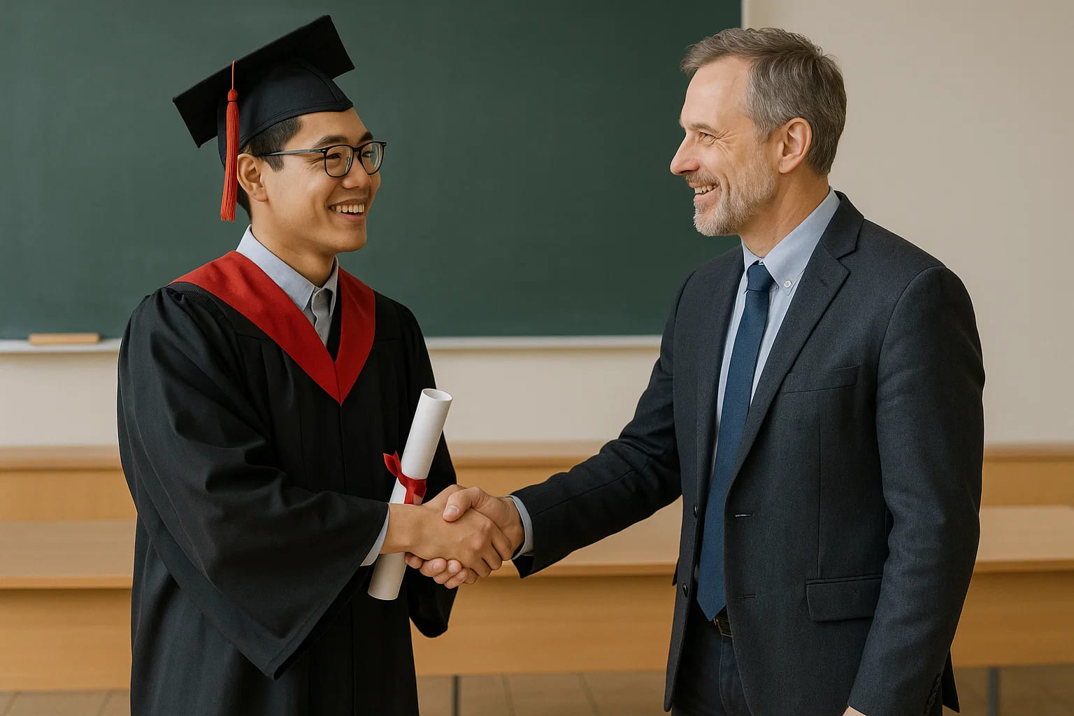 顺利通过答辩后，学生与导师握手表示感谢。