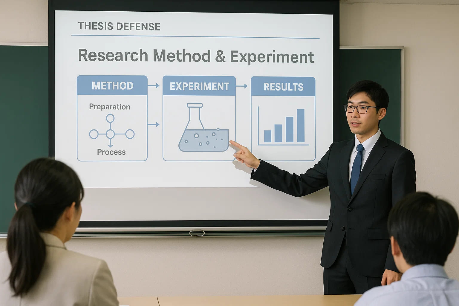 毕业论文答辩现场模拟，一名学生正在阐述自己的研究方法和实验流程。结合直观图示说明方法，有助于老师理解并减少追问。提前演练能够帮助学生发现问题、改进讲解方式。
