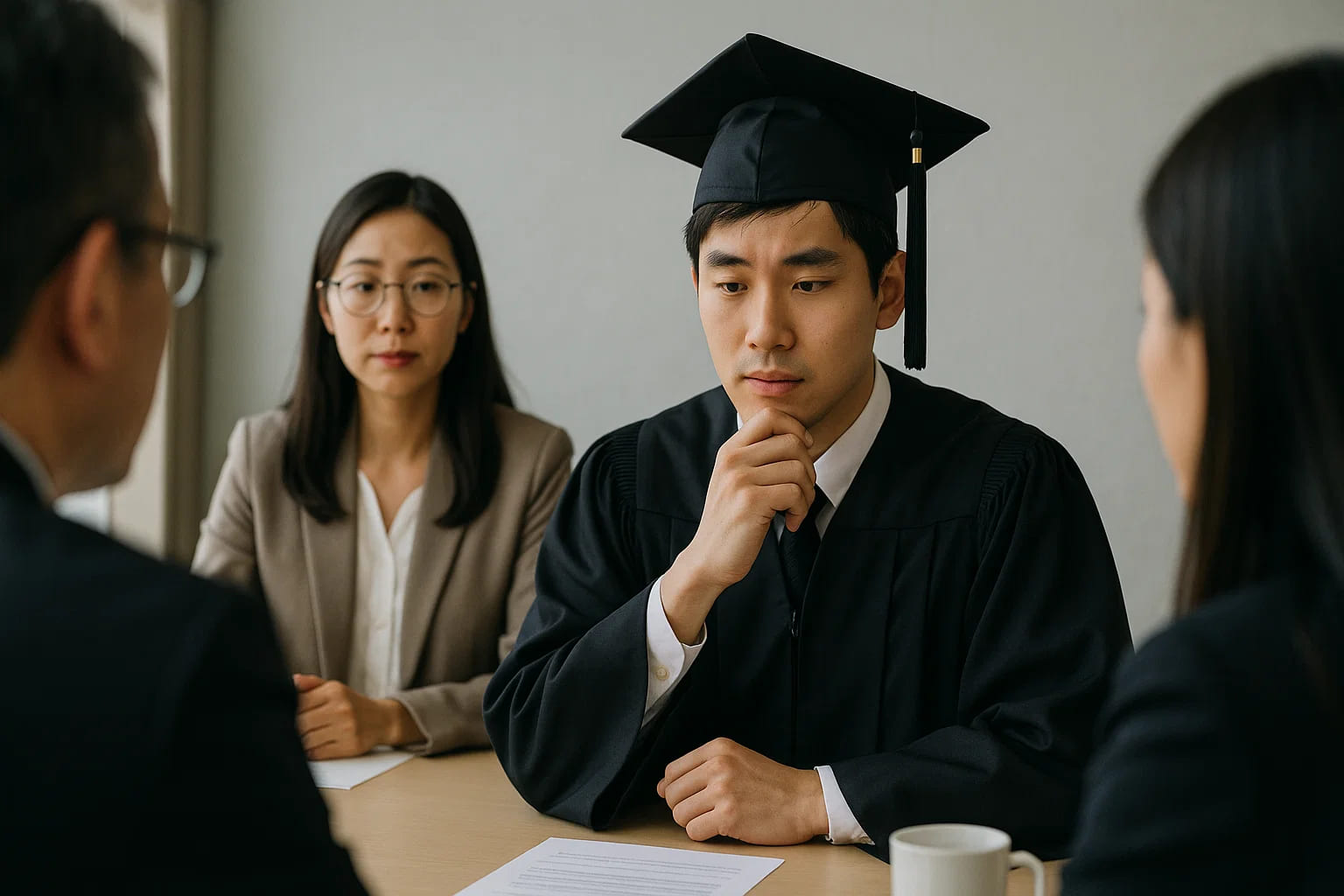 毕业生面对评委老师的提问时，冷静思考后作答。谈及论文创新点时，清晰自信的陈述有助于打动答辩委员会。从容自信的表现源于充分的准备。