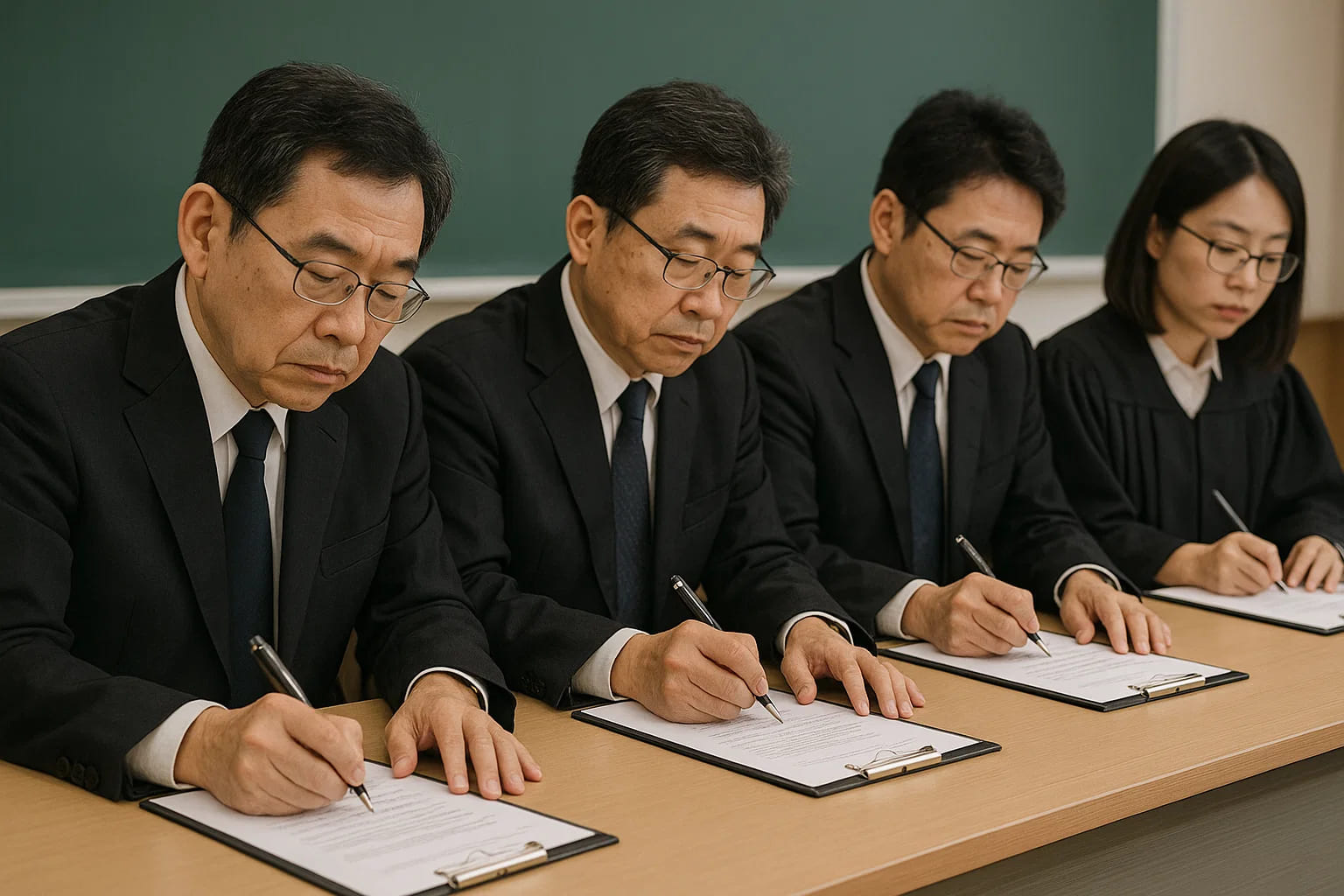 答辩委员会的教授们在认真记录评审意见。许多高校都有相关规定，第一次答辩未达到要求的学生可获准在一定时间后参加二次答辩。