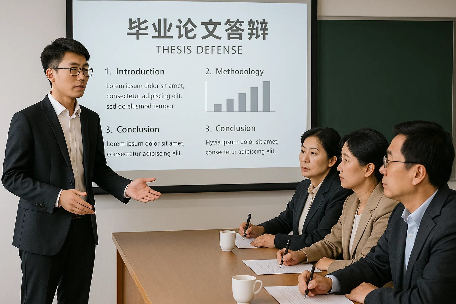 模拟论文答辩现场。一位同学正通过幻灯片向几位评委老师陈述自己的毕业论文要点。正式答辩时，学生需要在有限时间内有条理地汇报论文内容，并现场回答老师提问。