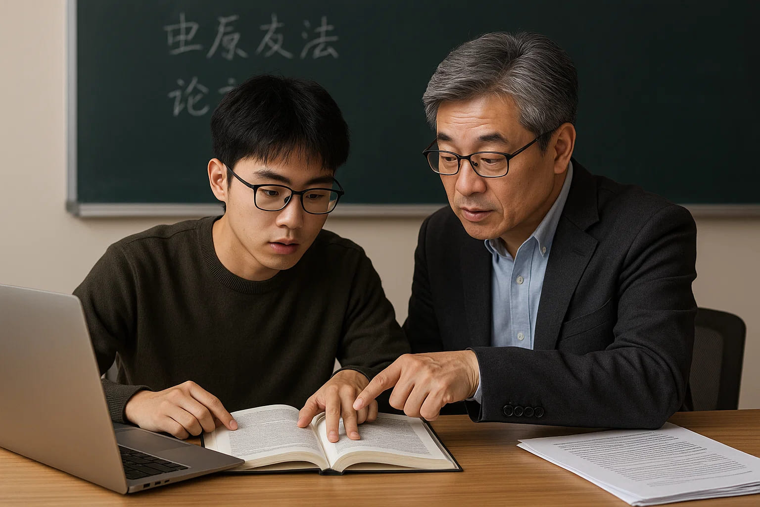 学生在导师的指导下检查毕业论文。充分的论文写作指导和反复讨论，有助于提高论文质量，让学生更好地理解自己的论文内容，为答辩打下基础。