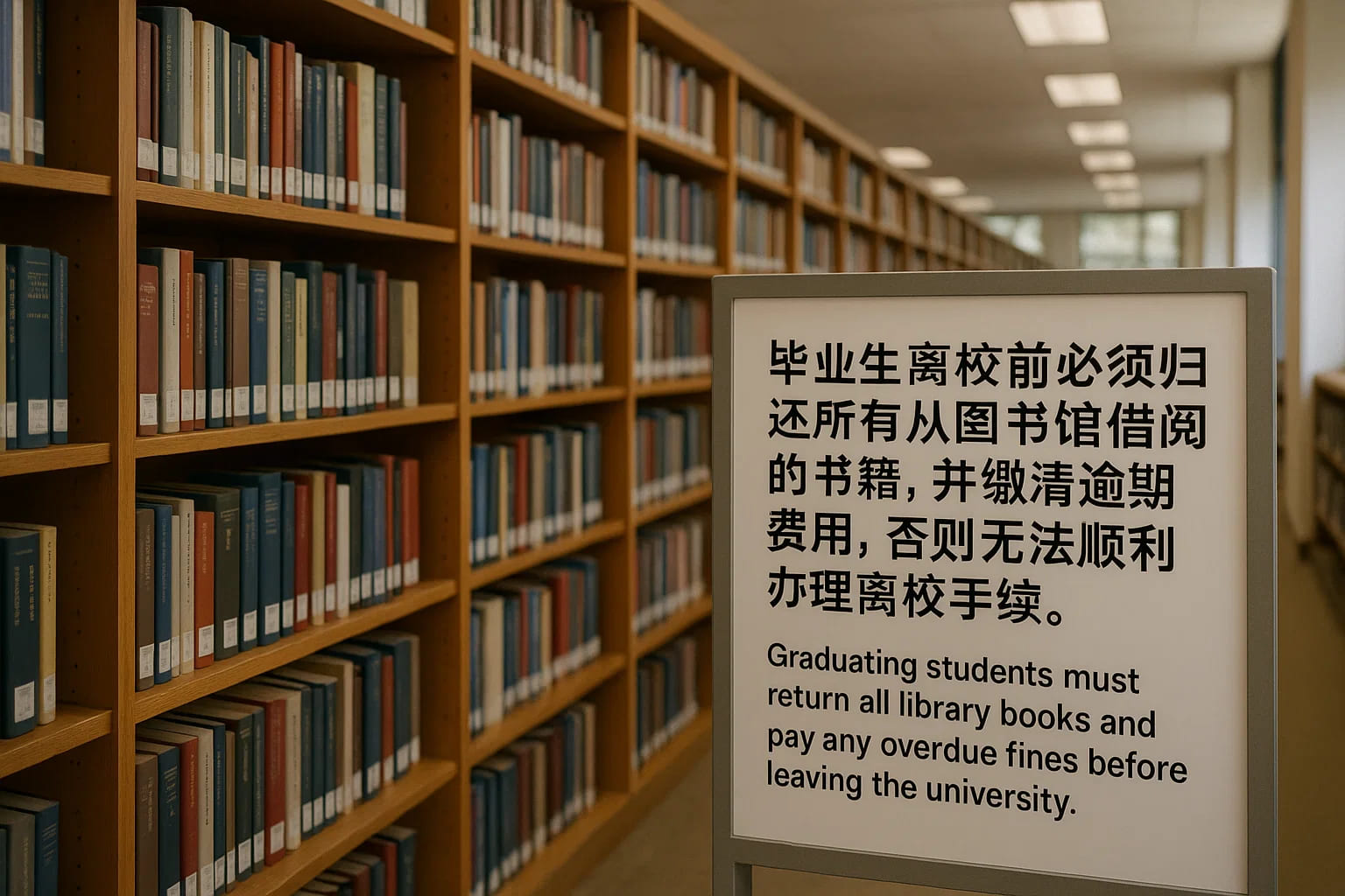 大学校园图书馆内的书架一隅。毕业生离校前必须归还所有从图书馆借阅的书籍，并缴清逾期费用，否则无法顺利办理离校手续。