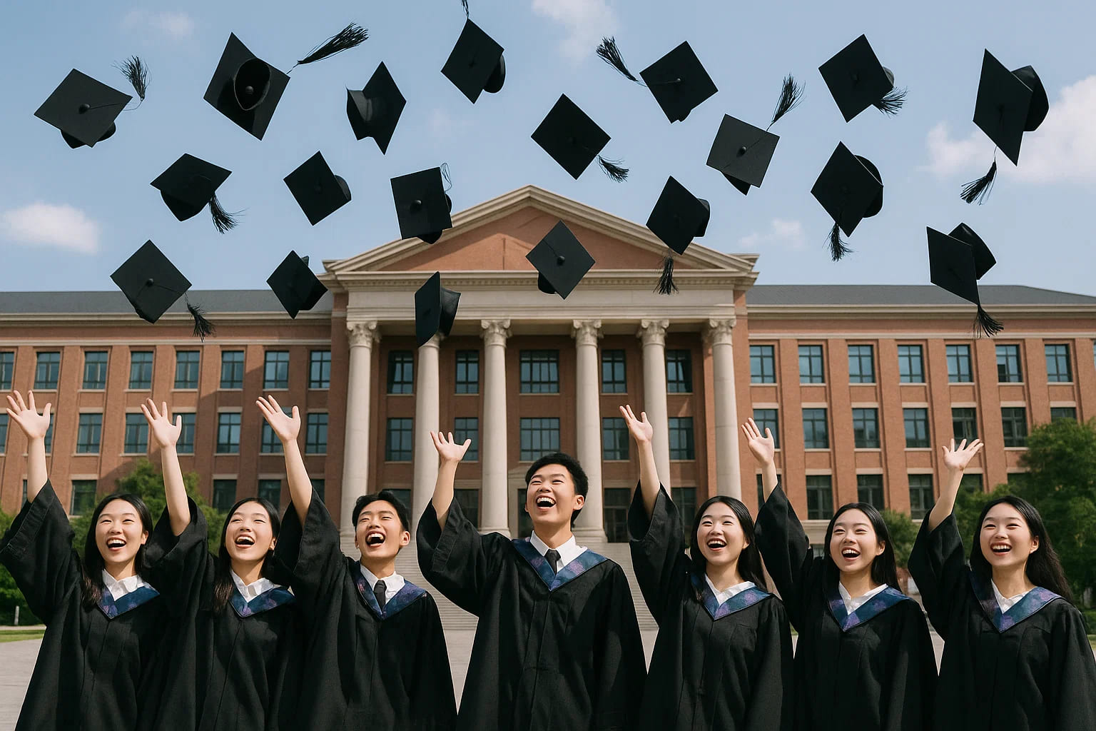 大学毕业生们在毕业典礼结束时抛起学位帽，庆祝顺利毕业。