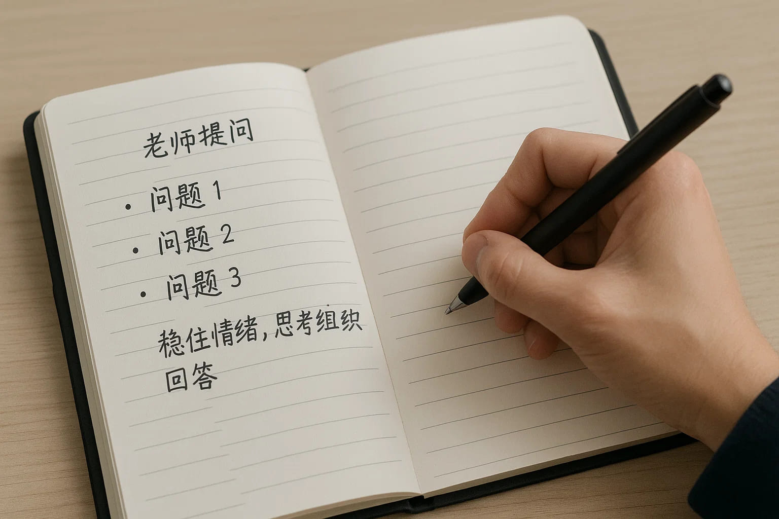 答辩前我会准备一个笔记本和笔，听老师提问时随手记下要点。一方面记录问题要点，另一方面也能稳住情绪，思考几秒如何组织回答。
