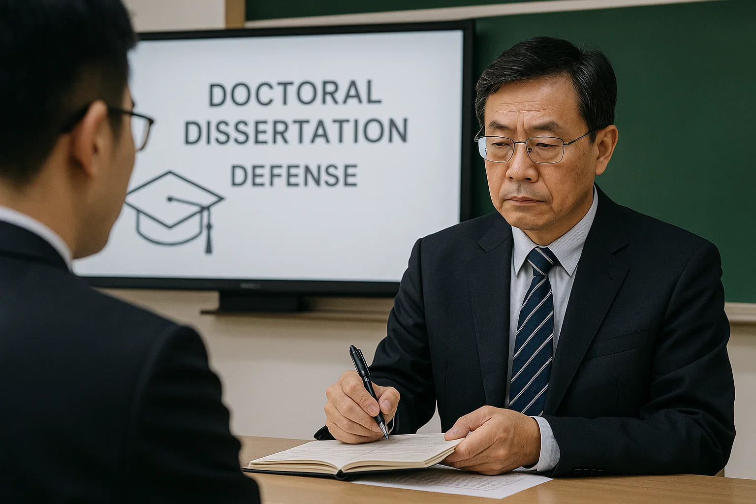 一位答辩委员会老师在认真记录博士生答辩内容要点。博士论文答辩往往时间更长、问题更深入，评委会细致地评估论文的创新性和学术水平。