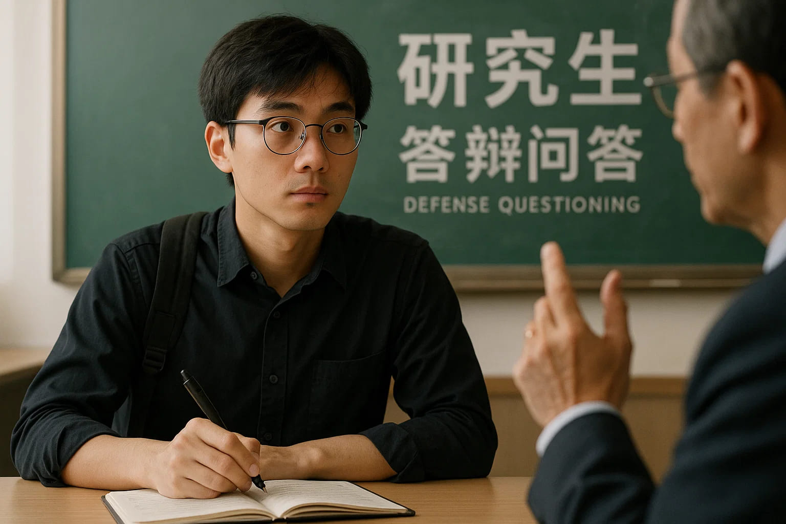 一位研究生在答辩问答环节认真倾听导师提问，并随手在笔记本上记录关键点。面对评委提问时，保持沉着冷静、边听边记有助于理清思路。在老师问完后再条理清晰地作答，能展现出良好的应变能力和扎实的知识功底。