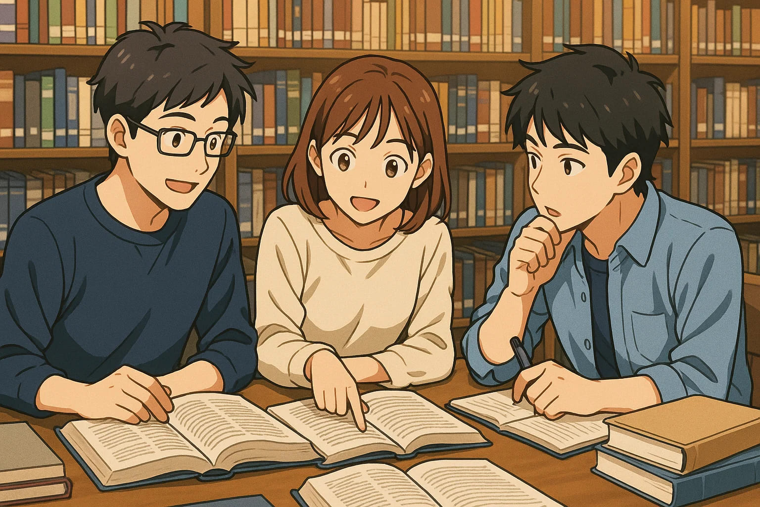 三名大学生在图书馆共同研读资料、讨论问题。他们通过查阅大量文献和资料，不断拓展研究视野，这为深入思考论文未涉及的问题打下了基础。